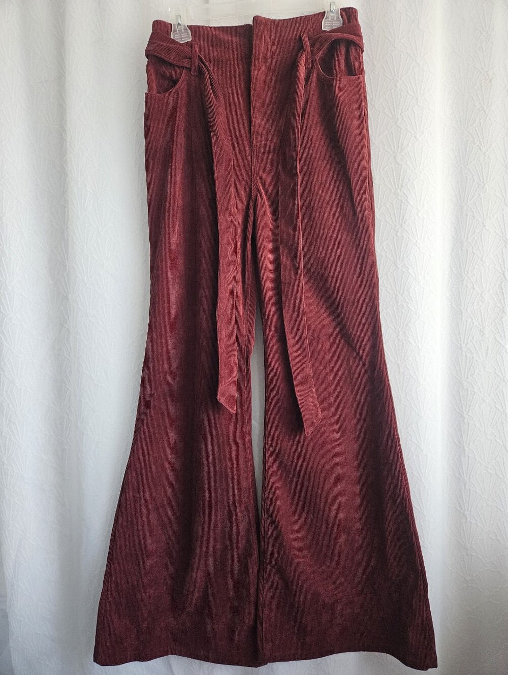 Flying Tomato Wine-Red/Burgundy Corduroy Wide-Leg Pants with Front Tie Large